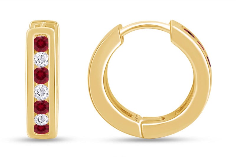 AFFY Huggie Earrings for Women, 14K Yellow Gold Over Sterling Silver Hoop Earrings with Simulated Ruby and White Cubic Zirconia, Dainty Elegant Jewelry Gift - Image 2